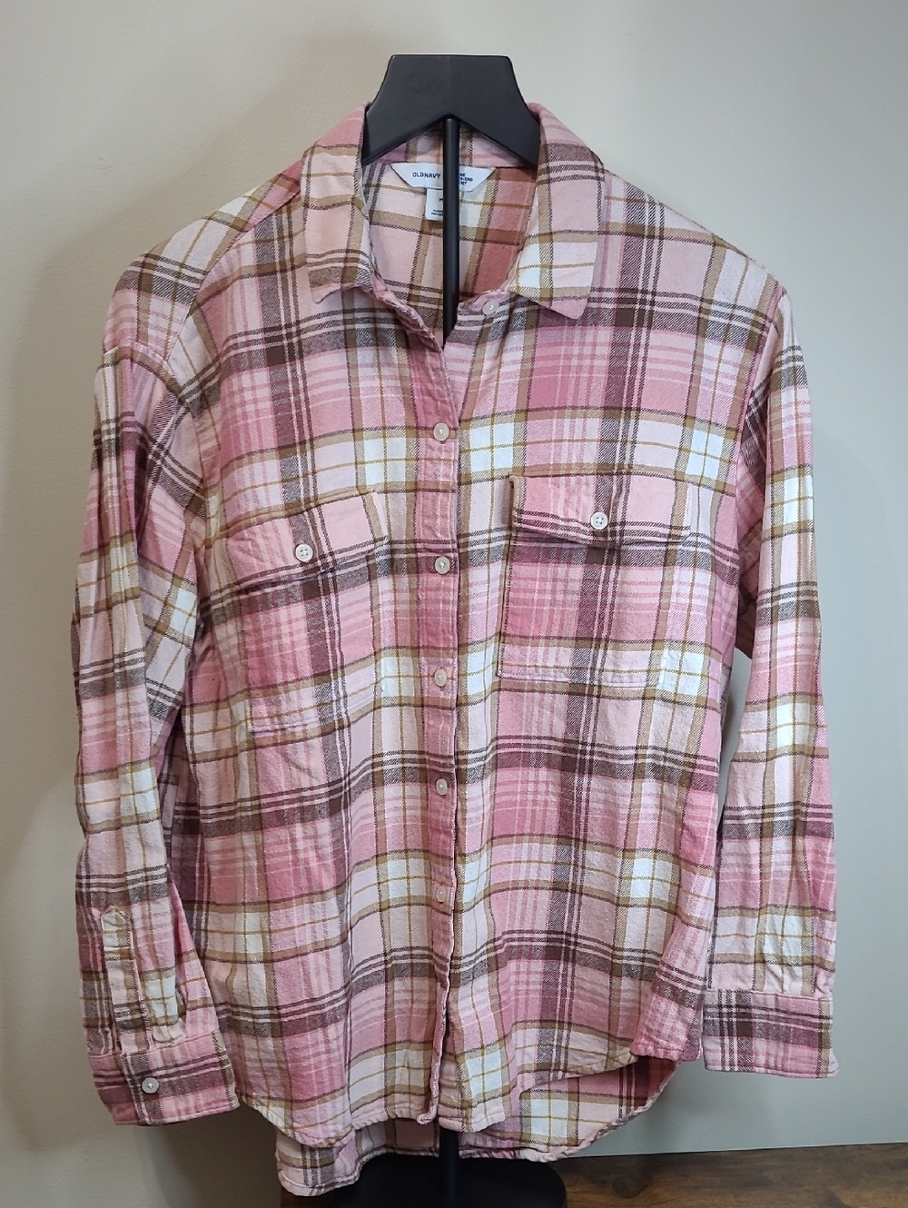 Old Navy Pink & Tan Plaid Button-Down Flannel The Boyfriend Shirt Size Medium